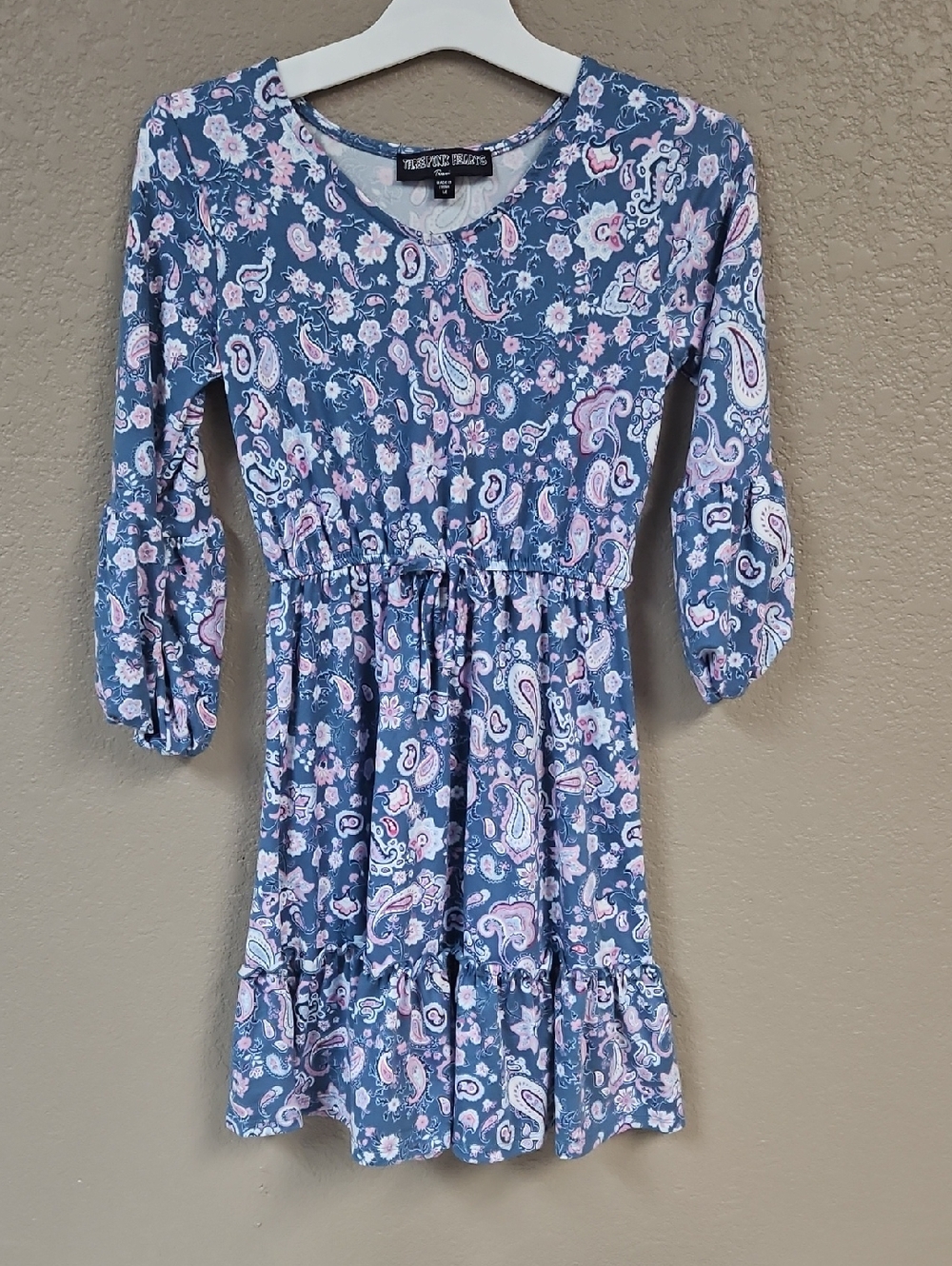 Girls Medium Three Pink Hearts Blue Paisley Tiered Dress with Pink Accents